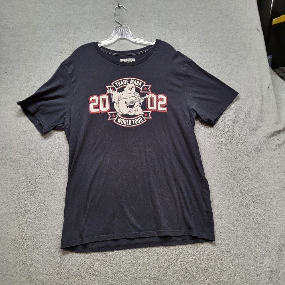True Religion Men Shirt XL Black Graphic Print Buddha Guitar Banner SS